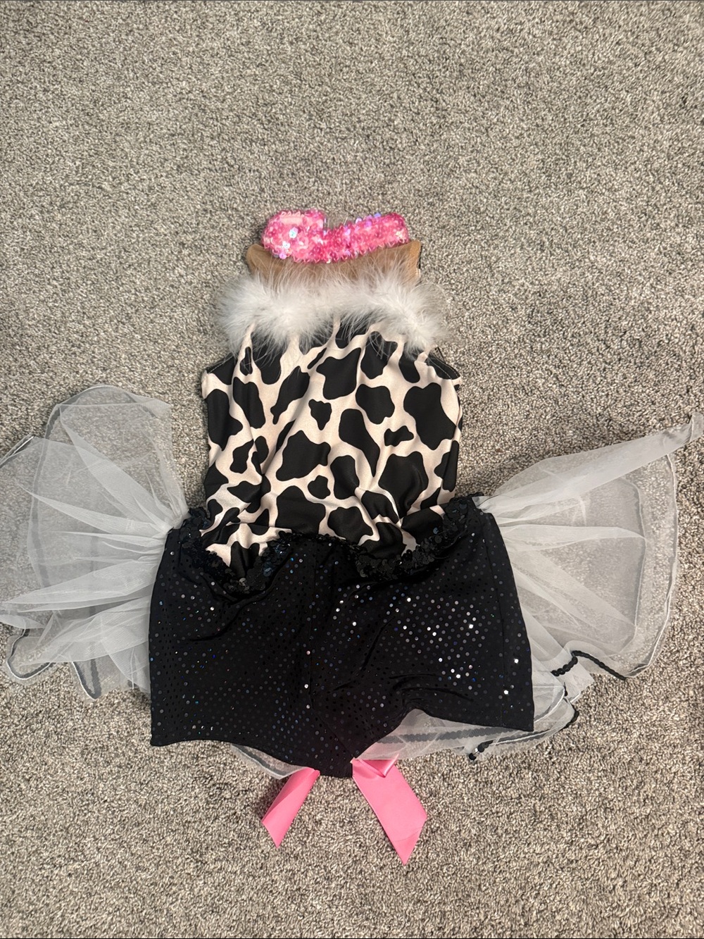 Kids Black & White Dalmatian Print Tutu Costume with Pink Bow